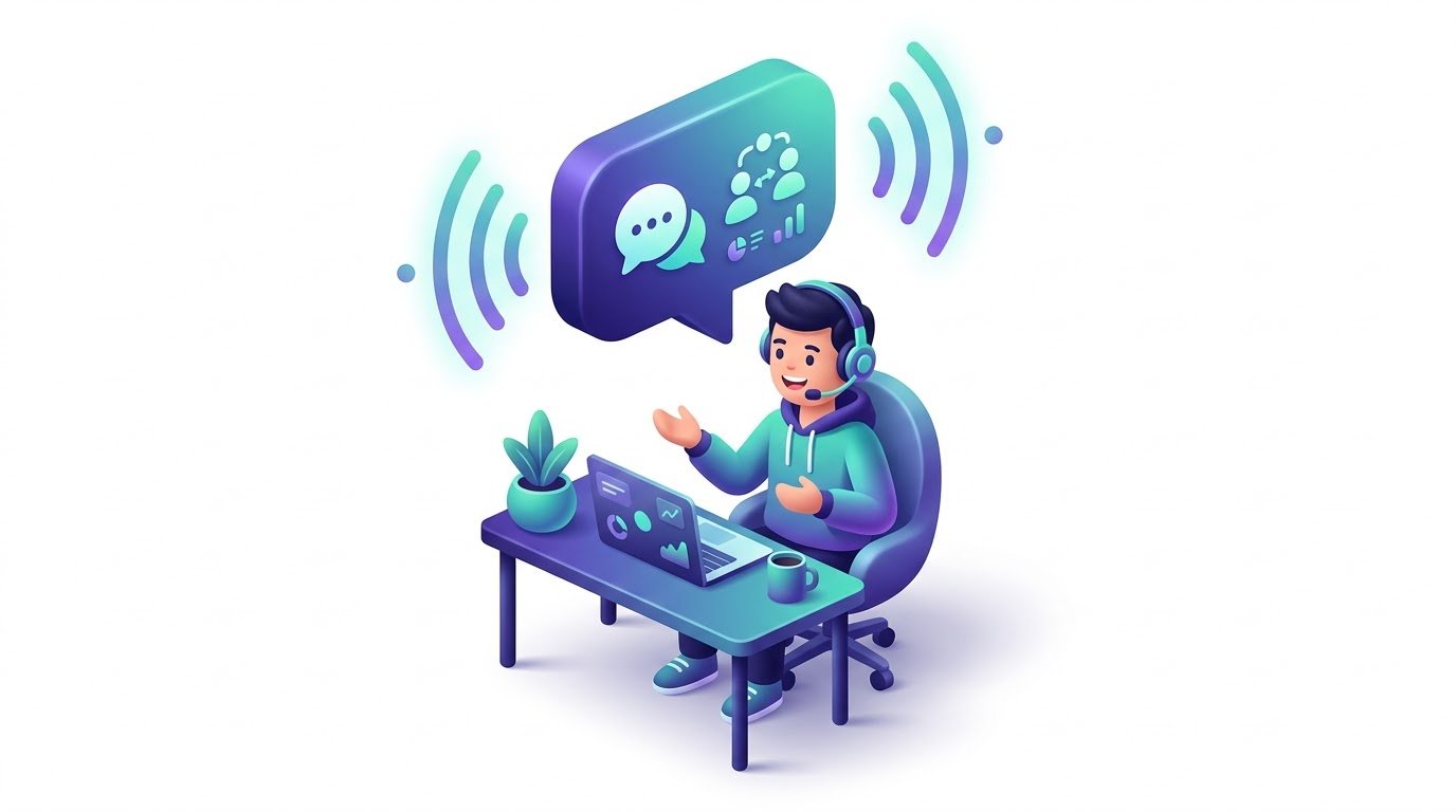 Illustration of a person taking a friendly discovery call, wearing a headset