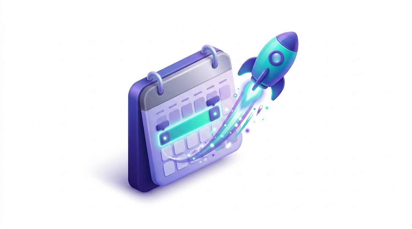 Illustration of a calendar with a rocket launching, representing a fast project kickoff