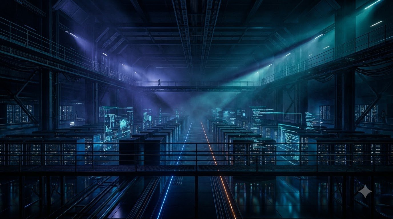 Cinematic view of a glowing data center at night, representing the scale of TRIFORGE's engineering