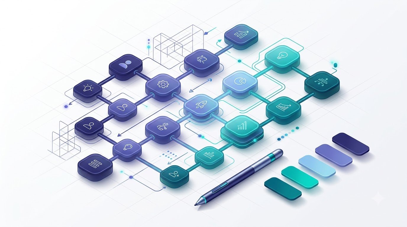 Illustration of a wireframe blueprint layout with a stylus pen and color swatches, representing design and planning