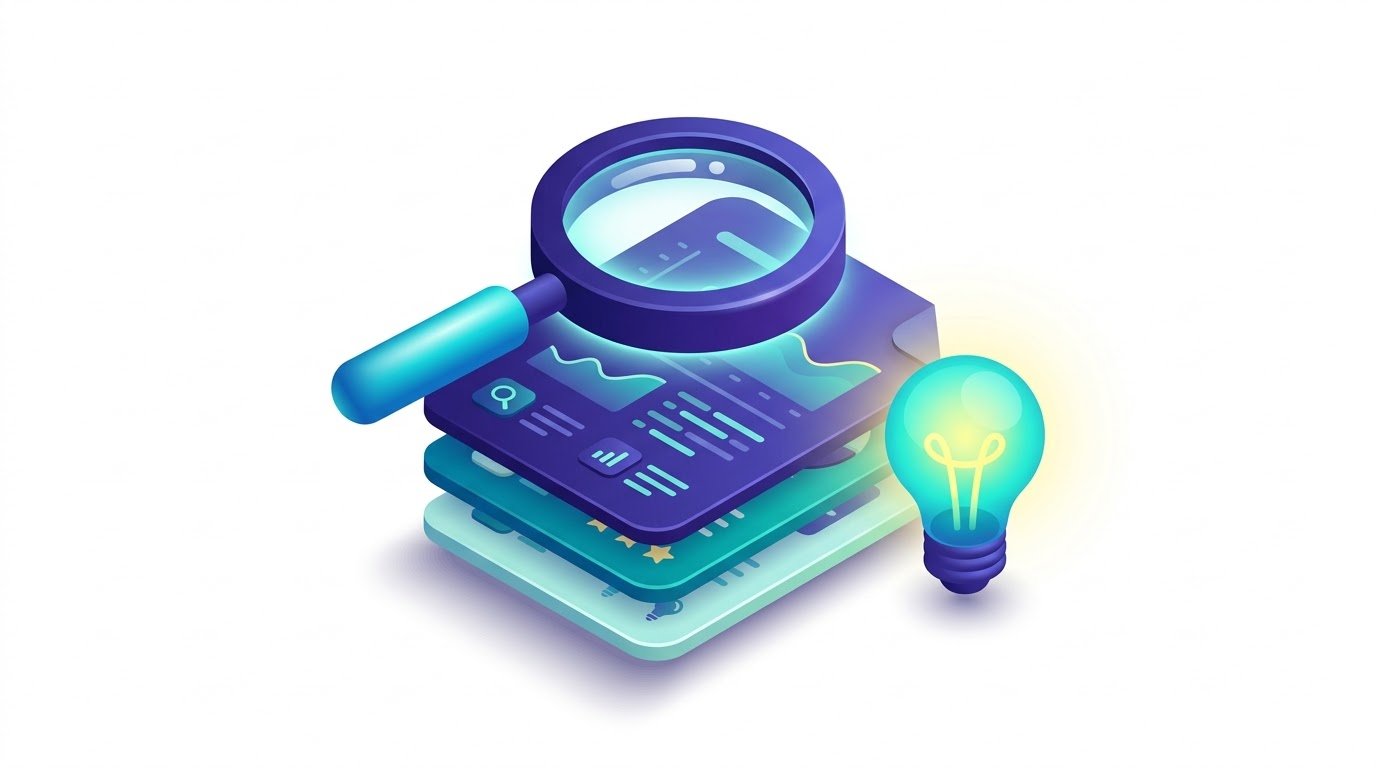 Illustration of a magnifying glass over documents with a lightbulb, representing discovery