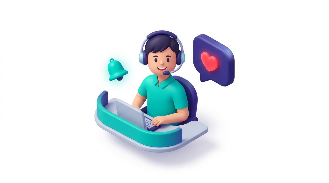 Illustration of a support agent with a headset and a heart-filled chat bubble, representing ongoing support