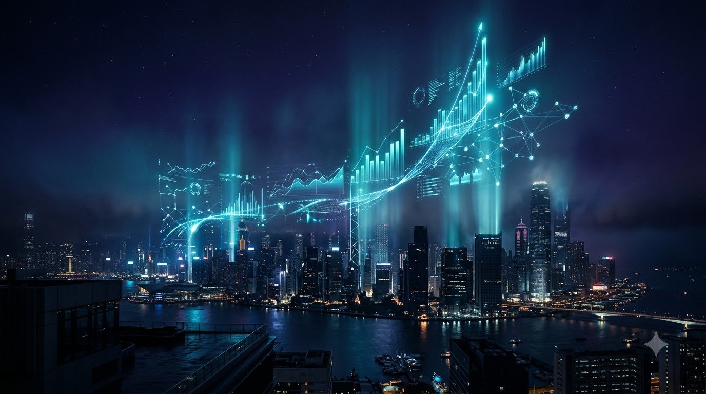 Cinematic view of a city skyline at night overlaid with glowing growth charts and data streams, representing digital marketing